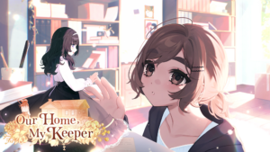 Title image of Our Home, My Keeper from Studio Élan and Ebi-hime. A woman with medium brown hair pulled back into a ponytail, reaches up towards a diminutive female figure on a shelf, with long dark brown hair pulled into an Alice band, old-fashioned white long-sleeved blouse and long dark brown skirt.