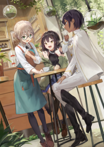 Key visual for “Please Be Happy”, from Studio Élan. Three woman at a hightop table. One woman with medium brown skin, black collar length hair in white , wearing black boots to the knee, a young-looking girl with animal ears and brown hair. Standing next to them a pale-skinned woman with blonde hair, wearing glasses and a teal apron (over her?) dress.