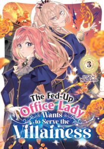 On a background of fiery flowers, a woman in a blue uniform/dress with long pink hair is back to back with a woman in a blue dress, long pale hair and a tiara of dark crystals, weilding flame.