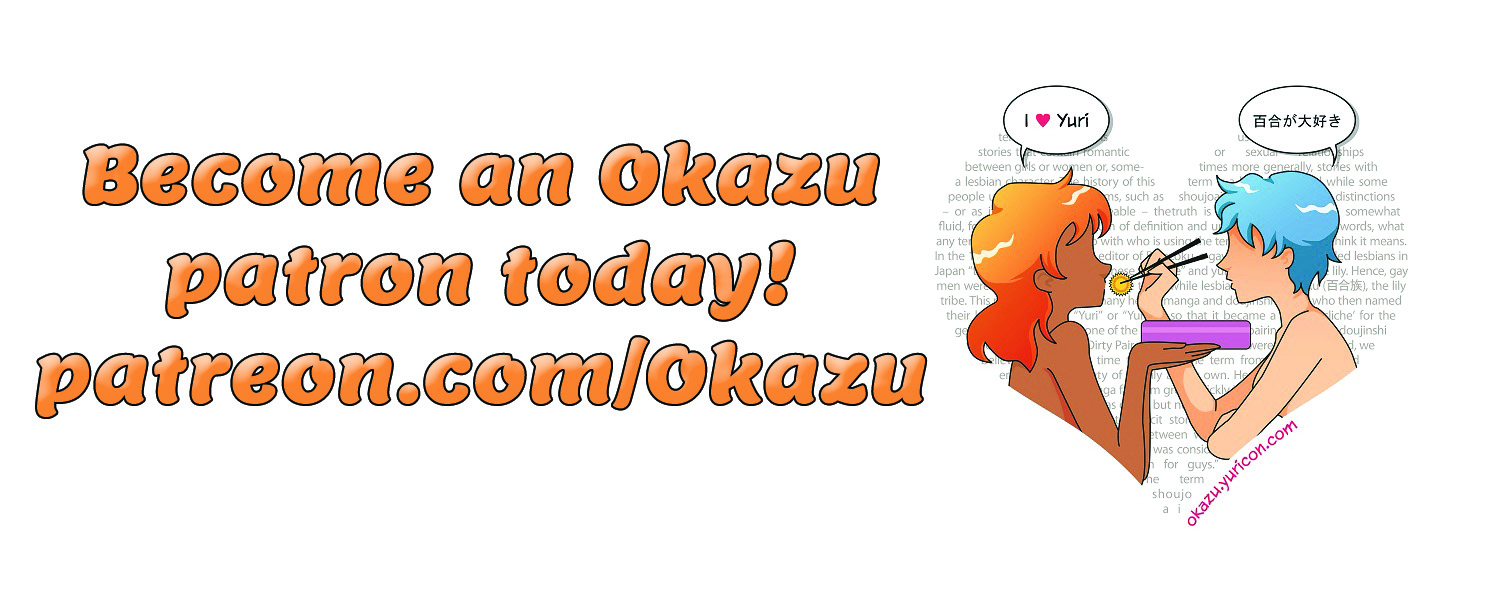 On a white background, the Okazu mascots feed each other, while say "I love Yuri" in English and Japanese. Orange letters say "Become and Okazu Patreon today! https://www.patreon.com/Okazu