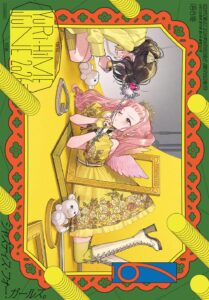 On a green background, inside a red frame, a scene in yellow. A young woman with pink hair leans through a picture frame, holding a magic wand, while  an older woman kneels before her taking a picture. Props of frames and teddy bears are strewn around, cables are visible in the background of this photo shoot.