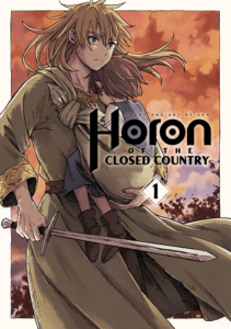 On a background of sepia clouds, a woman in brown outer rode, with gold embroidery at the cuffs, holds a thin double=bladed sword in her right hand, while clutching a child in her left, as the wind blows her hair.