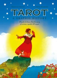 Pamela Colman Smith, in a bright red dress and head cover, with white lace over her shoulders, stands at a precipice, holding a rose in her right hand behind her, her left up to her face as if to shout. The sun shines bright and large behind her, a little dog jumps at her side. The pose is in reference to the Tarot card 0 - The Fool. 