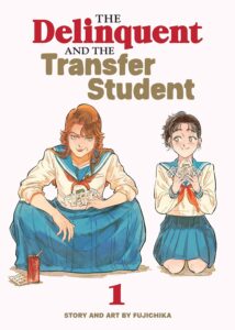 A girl in school uniform kneels properly and smiles gently, next a delinquent who squats in the same uniform, with a long skirt, dyed hair and a scowl.