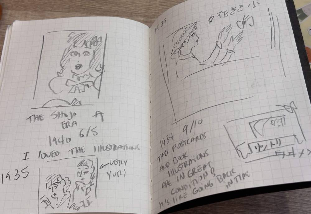 Hand drawn art and words in a notebook, image and at by Sasori.