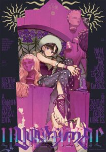 On a black background, surrounded by purple staging, a girl in black and purple, get her toenails painted, held in a woman's hands.