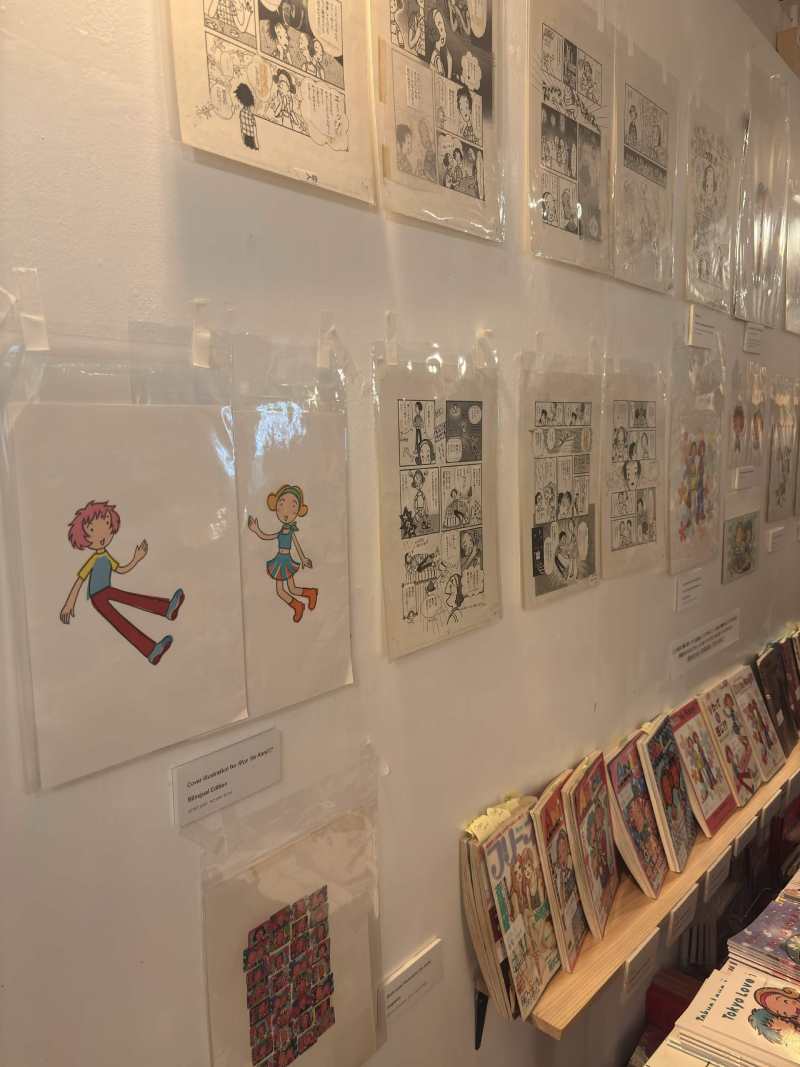 A wall with original art pages by Rica Takashima displayed in plastic sleeves.
