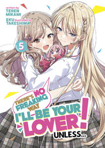 2 girls, one with long blonde hair, the other with not quite as long light brown hair in school uniforms of white blouse and grey plaid, hugging each other and a small plushie of another girl.