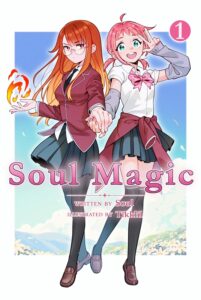 Two girls in uniforms stand back to back. The one one the left has long hair and is making a fireball in her hands
