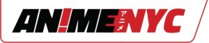 Black and Red block italic letters that read ANIMENYC,. The I is a red explanation point, the word anime is written in Japanese in white on the red of the 'N'