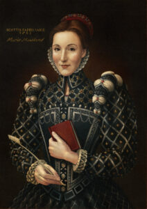 A woman in a 16th century dress holding a quill in one hand and a red notebook in the other