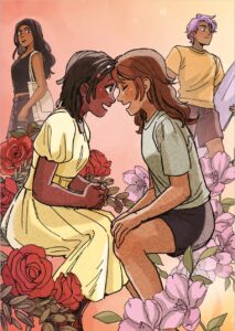 A picture of four characters from Navigating With You. The center is taken up with Neesha and Gabby who are sitting in beds of complimentary flowers with their heads lightly touching. On the far left is Noli who is looking at Neesha and on the right is Cary who is carrying a surfboard and looking at Gabby.
