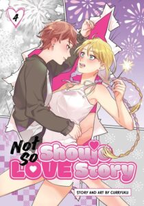 In front of opposing black and white and color panels of fireworks, a girl with short reddish hair, leans into a startled girl with blonde hair.